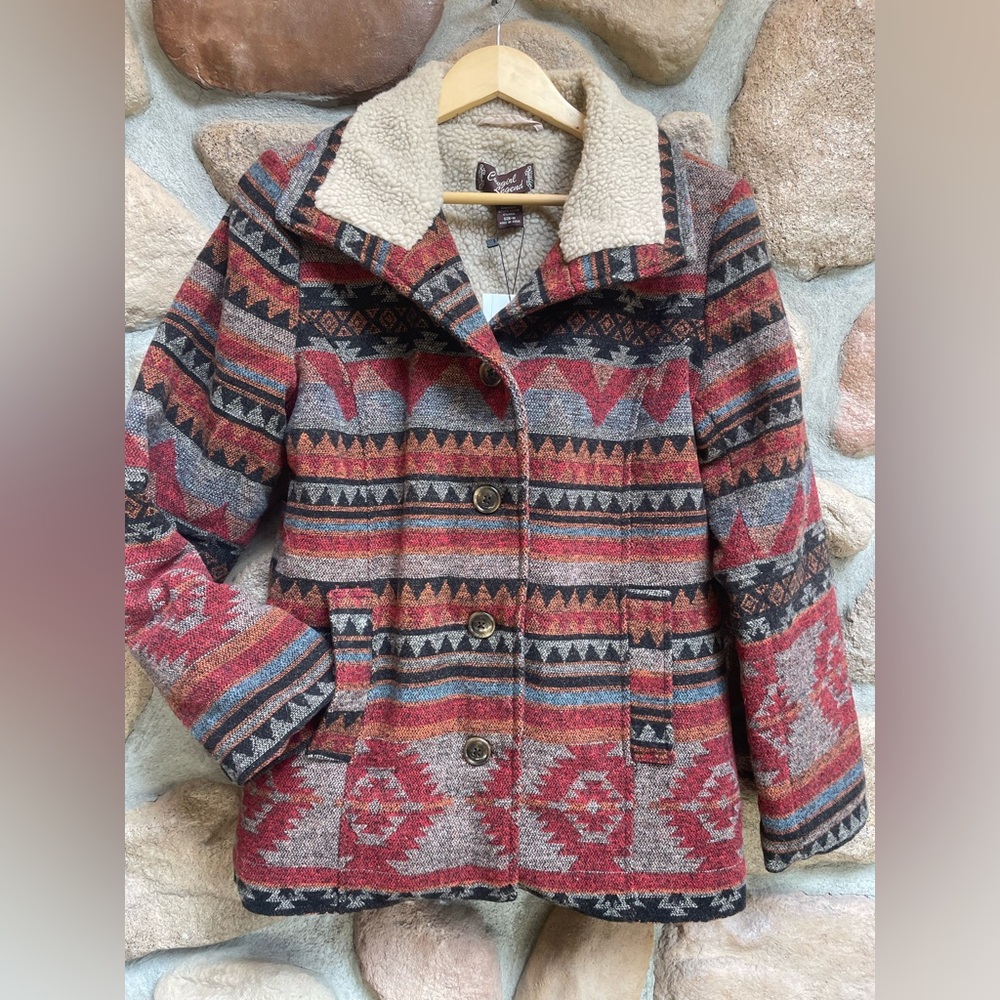 NWT COWGIRL LEGEND*Wool Blend Sherpa Lined Button Jacket Aztec Print M
